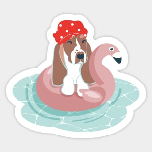 Summer pool pawty // aqua background basset hound dog breed in vacation playing on swimming pool float Sticker